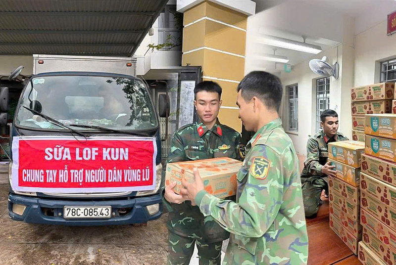 Xe cứu trợ của sữa LOF KUN chở theo hàng ngàn thùng sữa Kun có mặt tại Trung đoàn 584, Bộ CHQS tỉnh Đắk Lắk.