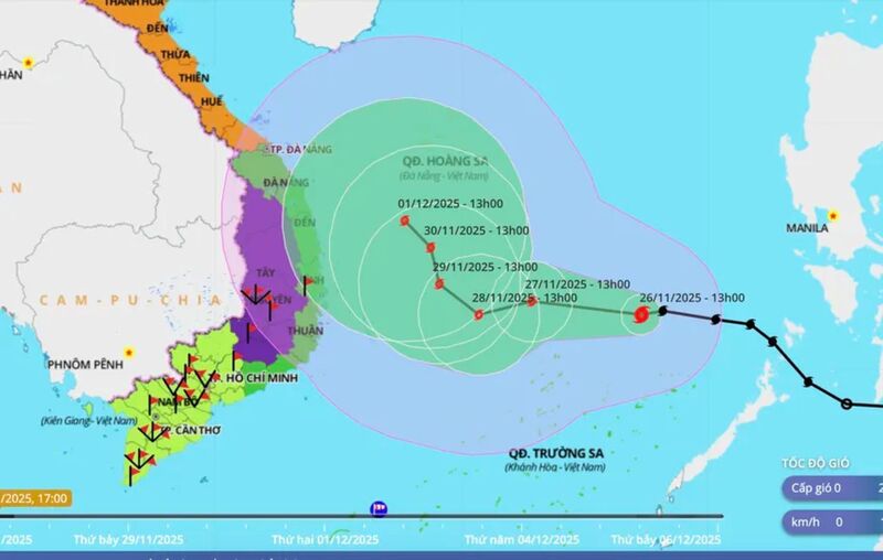 Hướng di chuyển bão số 15. Ảnh: KTTV