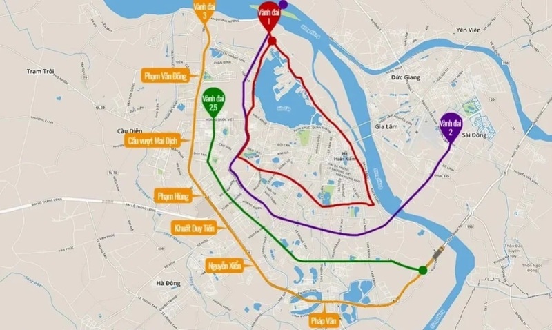 Kaart van de ringwegen in Hanoi. Foto: Ministerie van Bouw.