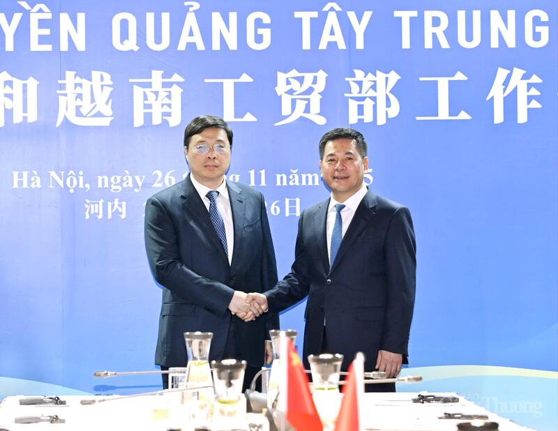 Bộ trưởng Bộ Công Thương Việt Nam Nguyễn Hồng Diên và đồng chí Vi Thao, Chủ tịch Chính quyền nhân dân Khu tự trị dân tộc Choang, Quảng Tây, Trung Quốc trước hội đàm.