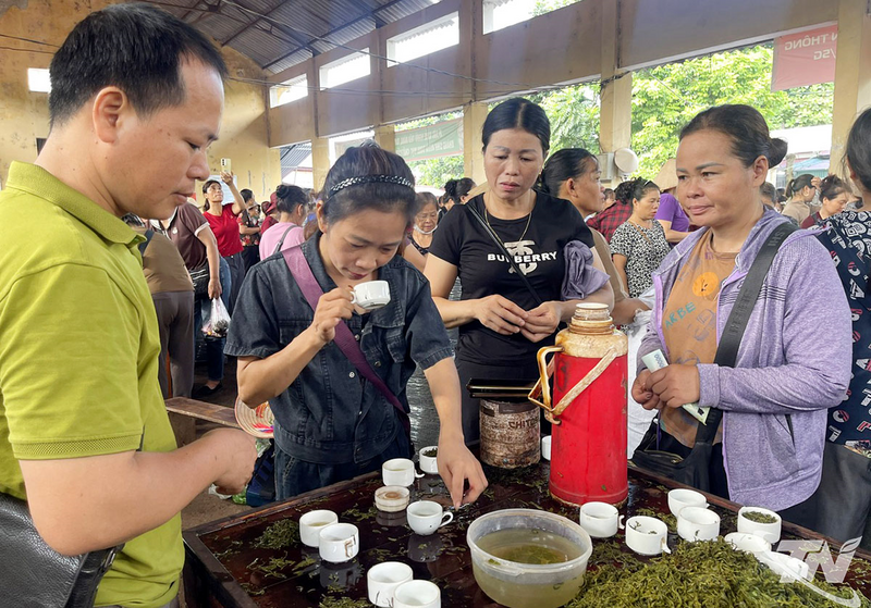 Người dân và du khách thưởng trà, trao đổi sản phẩm tại chợ chè Trại Cài (xã Đồng Hỷ), nơi tiêu thụ và quảng bá chè đặc sản của địa phương. Ảnh: Báo và Phát thanh, Truyền hình Thái Nguyên