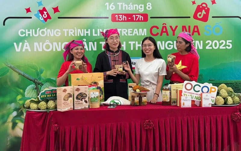 Người dân và du khách trải nghiệm, quảng bá nông sản Thái Nguyên ngay tại “Cây na số”.