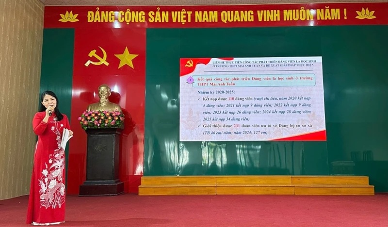 Thí sinh đến từ Đảng bộ trường THPT Mai Anh Tuấn thuộc Đảng ủy xã Hồ Vương, tỉnh Thanh Hóa trình bày phần thi. Ảnh: Nguyễn Thúy.