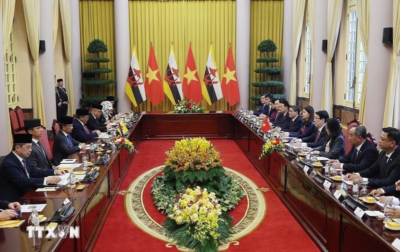 Chủ tịch nước Lương Cường hội đàm với Quốc vương Brunei Darussalam Haji Hassanal Bolkiah. Ảnh: Lâm Khánh/TTXVN