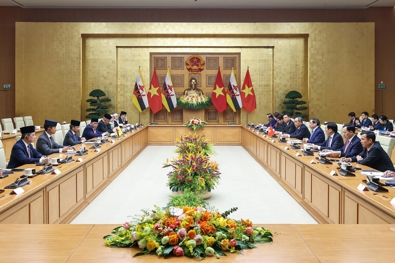 Quốc vương Brunei đề nghị hai nước đẩy mạnh hơn nữa hợp tác trong lĩnh vực năng lượng, khai thác thủy hải sản, Halal và giao lưu nhân dân - Ảnh: VGP/Nhật Bắc