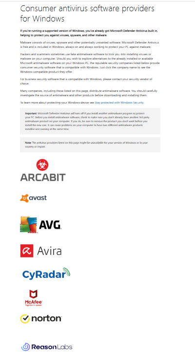 Danh sách các nhà cung cấp phần mềm chống mã độc dành cho người dùng Windows do Microsoft công bố. CyRadar là đại diện duy nhất của Đông Nam Á xuất hiện trong danh sách cùng các thương hiệu toàn cầu như Norton, McAfee, Avira, Avast và AVG.