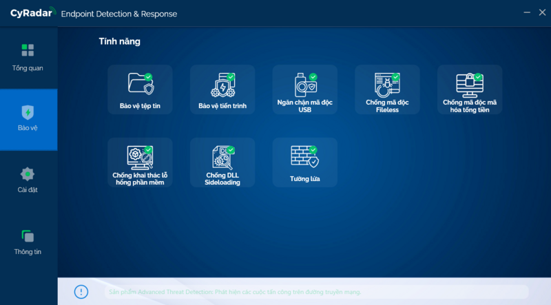 Giao diện tính năng bảo vệ của CyRadar EDR bao gồm các khả năng chính như bảo vệ tệp tin, bảo vệ tiến trình, ngăn chặn mã độc qua USB, chống mã độc fileless, chống mã độc mã hóa tống tiền, chống khai thác lỗ hổng phần mềm và tường lửa.