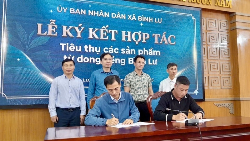 Lễ ký kết hợp tác tiêu thụ bột dong và sản phẩm miến dong giữa các doanh nghiệp, hợp tác xã trong và ngoài tỉnh. Ảnh: CTV.
