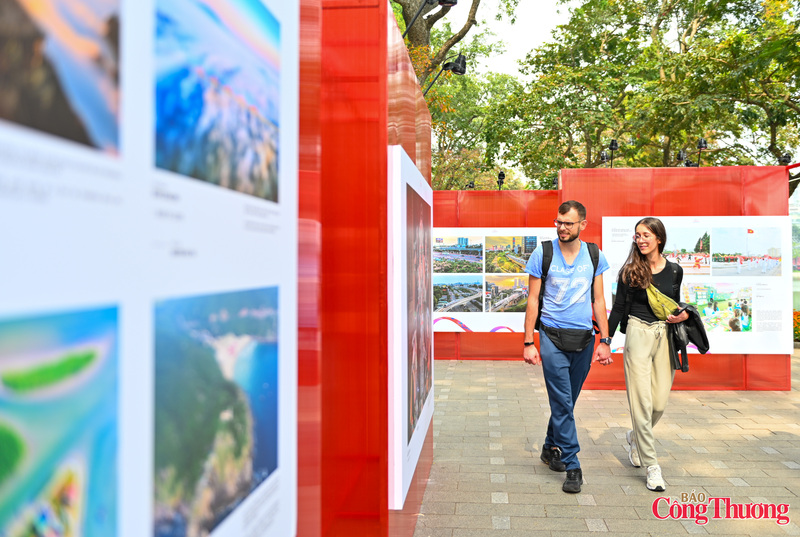 Du khách quốc tế chăm chú đọc chú thích từng tác phẩm, khám phá vẻ đẹp lao động và đời sống Việt Nam qua góc nhìn nhiếp ảnh.