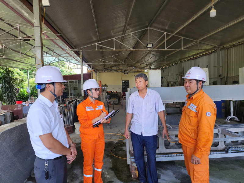 Cán bộ, công nhân Công ty Điện lực Tuyên Quang tuyên truyền tiết kiệm điện và sử dụng điện an toàn, hiệu quả cho doanh nghiệp. Ảnh: N.Hùng