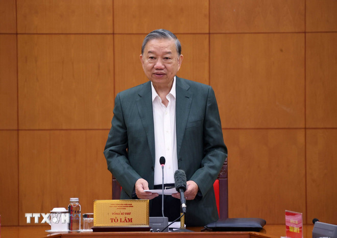 Tổng Bí thư Tô Lâm phát biểu kết luận buổi làm việc. (Ảnh: Văn Điệp/TTXVN)
