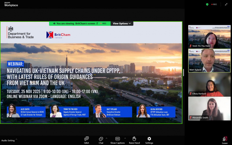 Các diễn giả tham gia và trao đổi, thảo luận tại Hội thảo trực tuyến “Tối ưu chuỗi cung ứng Anh - Việt: Hướng dẫn chi tiết về Quy tắc xuất xứ trong CPTPP giúp doanh nghiệp tăng tốc xuất khẩu”. Ảnh chụp màn hình