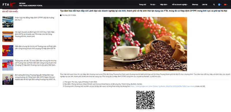 Cổng thông tin điện tử về các FTA dành dung lượng, vị trí quan trọng để tuyên truyền đậm nét về hoạt động xây dựng Hệ sinh thái tận dụng các FTA.