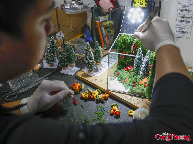 Với các mẫu bể dry terrarium đơn giản, người thợ cần khéo léo cố định dáng cây thông, phủ nền rêu xanh bằng keo và điểm xuyết hoa, nấm trang trí. "Các tiểu cảnh đa phần sử dụng nguyên liệu thật đã qua xử lý khô: từ những bông hoa li ti, thảm rêu trắc bá cho đến từng nhánh rễ cây nên nhìn tổng quan sản phẩm trông rất thật", anh Phúc chia sẻ.