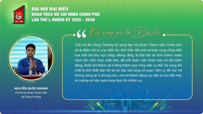 Theo anh Nguyễn Quốc Khánh, Phó Bí thư Đoàn Thanh niên Bộ Công Thương, Đại hội cần là “điểm hội tụ của niềm tin, tinh thần đổi mới và khát vọng cống hiến của tuổi trẻ khu vực công”.