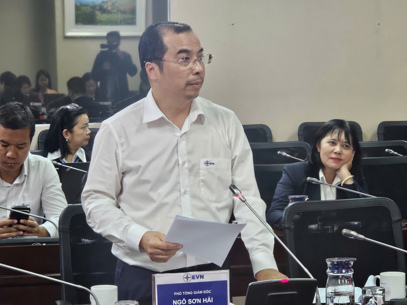 Ông Ngô Sơn Hải - Phó Tổng giám đốc EVN trình bày báo cáo tại buổi làm việc.