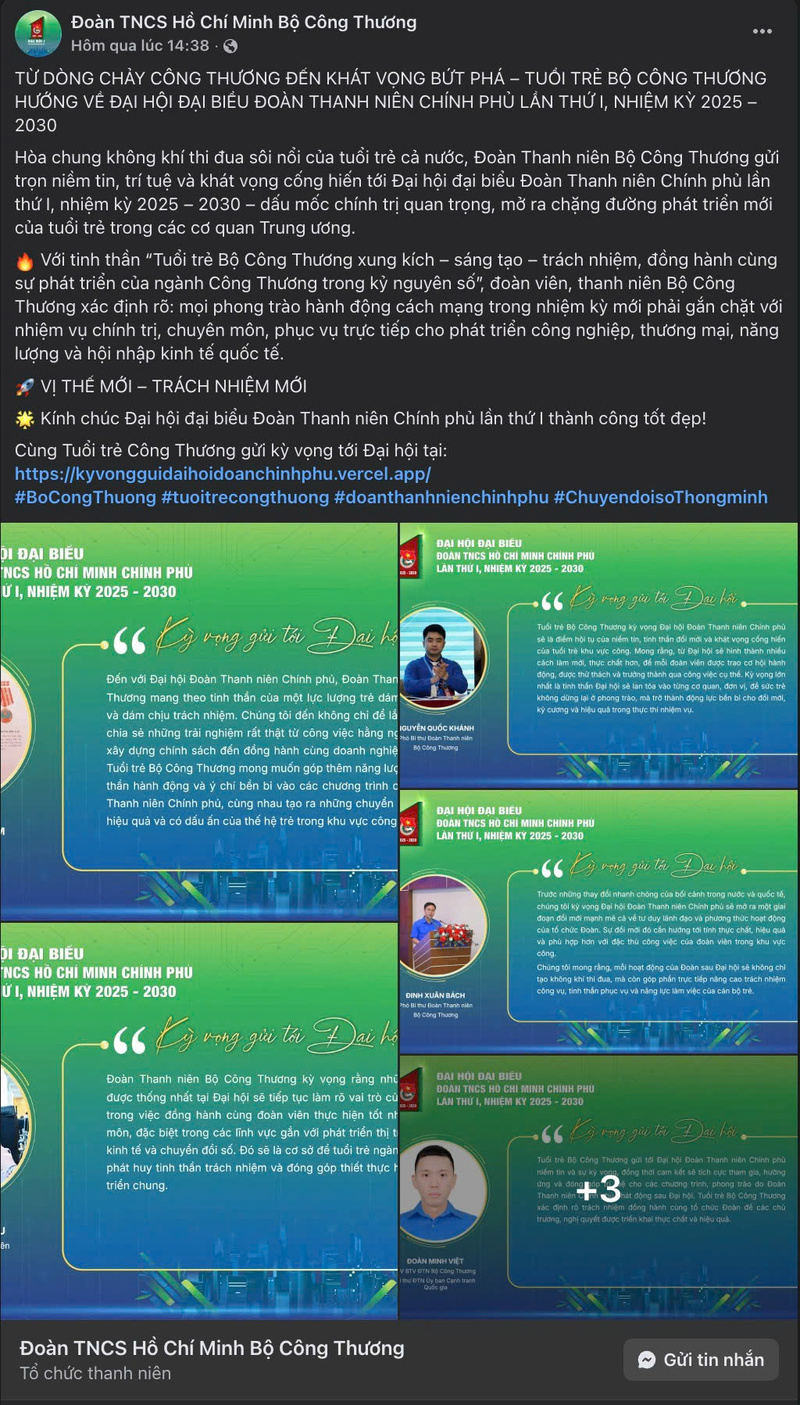 Đoàn Thanh niên Bộ Công Thương gửi gắm nhiều kỳ vọng đến Đại hội Đoàn Thanh niên Chính phủ. Ảnh chụp màn hình