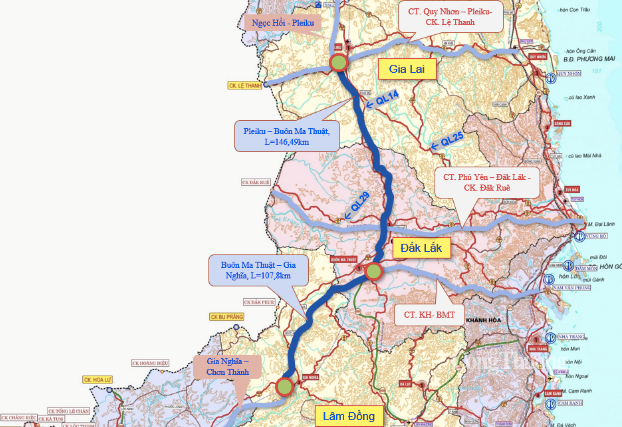 Dự án xây dựng đường bộ cao tốc Bắc - Nam phía Tây, đoạn Pleiku - Buôn Ma Thuột - Gia Nghĩa có chiều dài khoảng 257 km, đi qua ba tỉnh Gia Lai, Đắk Lắk và Lâm Đồng.