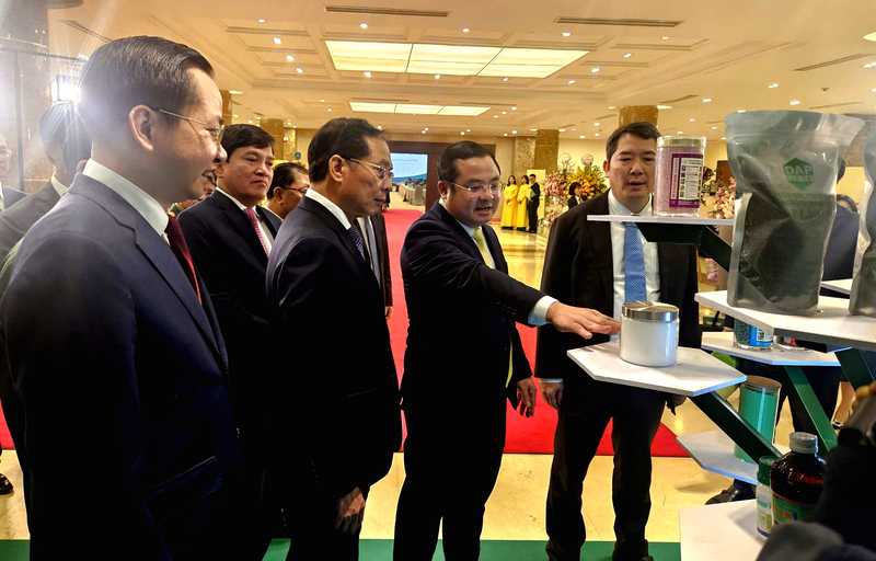 Phó Thủ tướng Chính phủ Bùi Thanh Sơn tham quan gian trưng bày sản phẩm của Tập đoàn Hóa chất Việt Nam bên lề hội nghị.