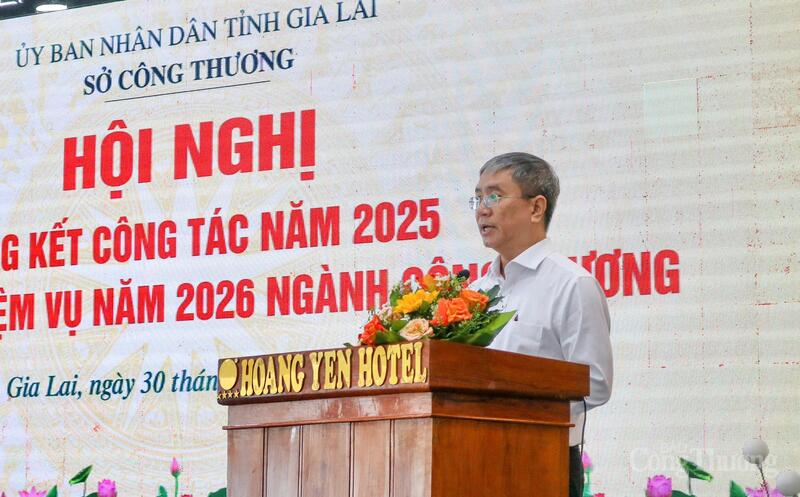 Ông Trần Lê Huy - Phó chủ tịch Hiệp hội Gỗ và Lâm sản Gia Lai trình bày tham luận tại hội nghị.