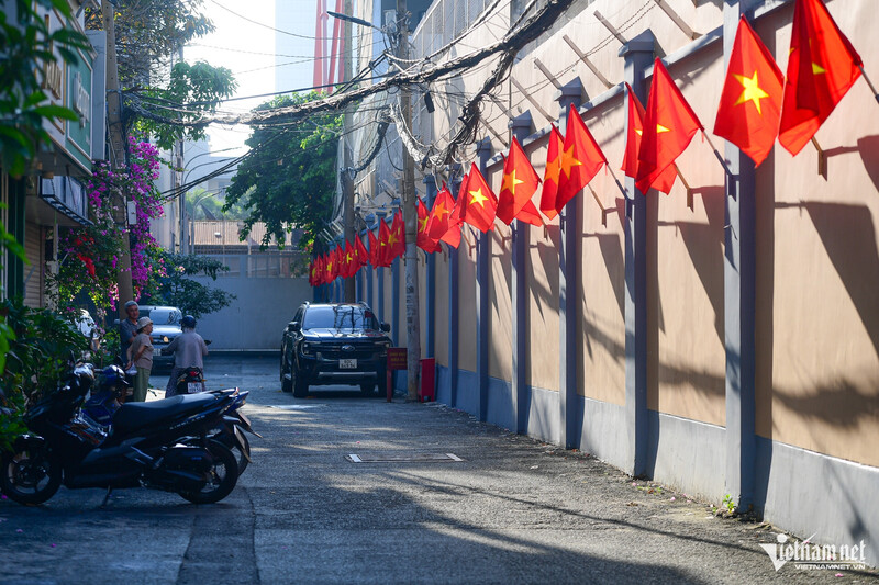 Cờ hoa rực rỡ trên các tuyến đường, trong ngõ tại TP. Hồ Chí Minh ngày đầu năm. Ảnh: Vietnamnet.