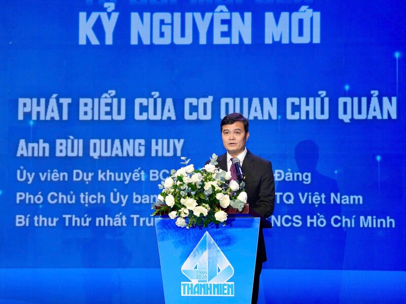 Anh Bùi Quang Huy - Bí thư thứ nhất Trung ương Đoàn phát biểu tại lễ kỷ niệm. Ảnh: Linh Anh