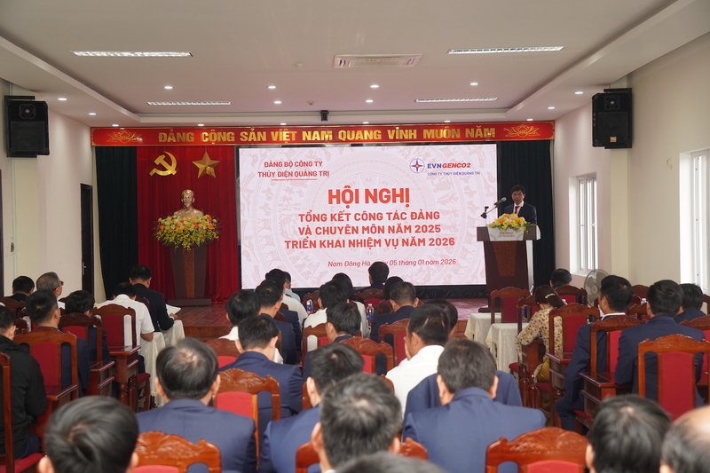 Công ty Thủy điện Quảng Trị tổ chức Hội nghị tổng kết công tác Đảng và chuyên môn năm 2025, triển khai nhiệm vụ năm 2026. Ảnh: Trang Sinh