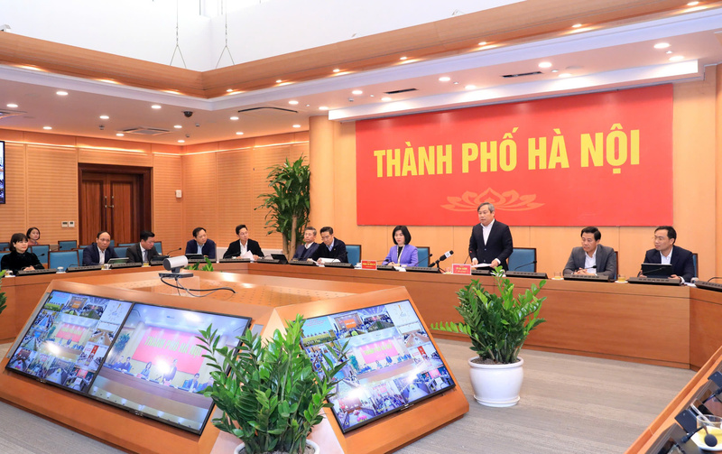 Quang cảnh hội nghị tại điểm cầu trụ sở UBND Tp. Hà Nội