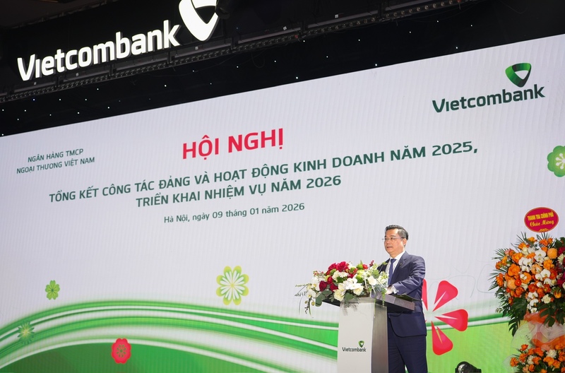 Ông Nguyễn Thanh Tùng, Chủ tịch HĐQT Vietcombank phát biểu tại Hội nghị tổng kết công tác Đảng và hoạt động kinh doanh năm 2025, triển khai nhiệm vụ năm 2026. Ảnh: Quỳnh Trang