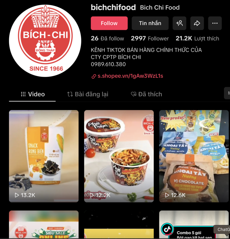 Một kênh bán hàng trên Tiktok của Bích Chi.