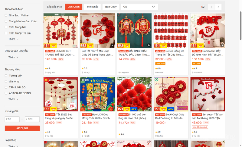 Đa dạng các sản phẩm trang trí dịp Tết trên các sàn TMĐT. Ảnh: Shopee