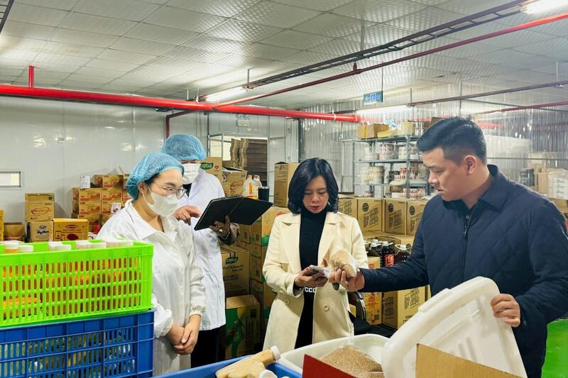 Đại diện Đoàn kiểm tra liên ngành số 01 của TP. Hà Nội kiểm tra nhãn, bao bì, hạn sử dụng của các sản phẩm Công ty cổ phần Việt Chef. Ảnh: Mai Hoa