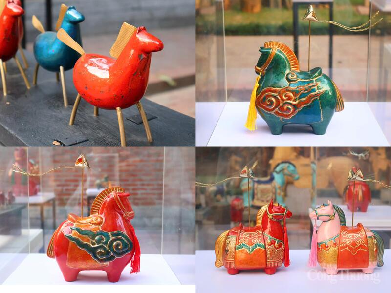 Đáng chú ý, tác phẩm sơn mài "Ngựa hoa mai" rực rỡ tượng trưng cho sự sung túc; tác phẩm "Hí hí" kết hợp cốt gỗ và đồng, mang âm hưởng vui tươi của ngày Tết.