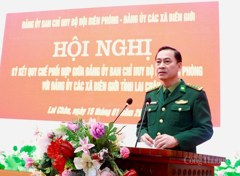 Đại tá Nguyễn Văn Hưng, Bí thư Đảng ủy, Chính ủy Ban Chỉ huy Bộ đội Biên phòng tỉnh Lai Châu phát biểu tại hội nghị.