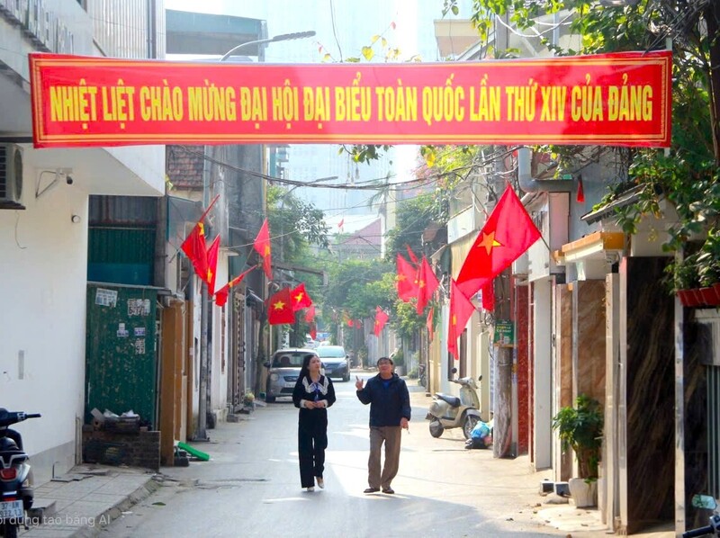 Tại các khu dân cư, ngõ phố, các hộ dân đã chủ động treo cờ, hướng về Đại hội Đảng lần thứ XIV với niềm tin và kỳ vọng lớn. Ảnh: Mai Liễu