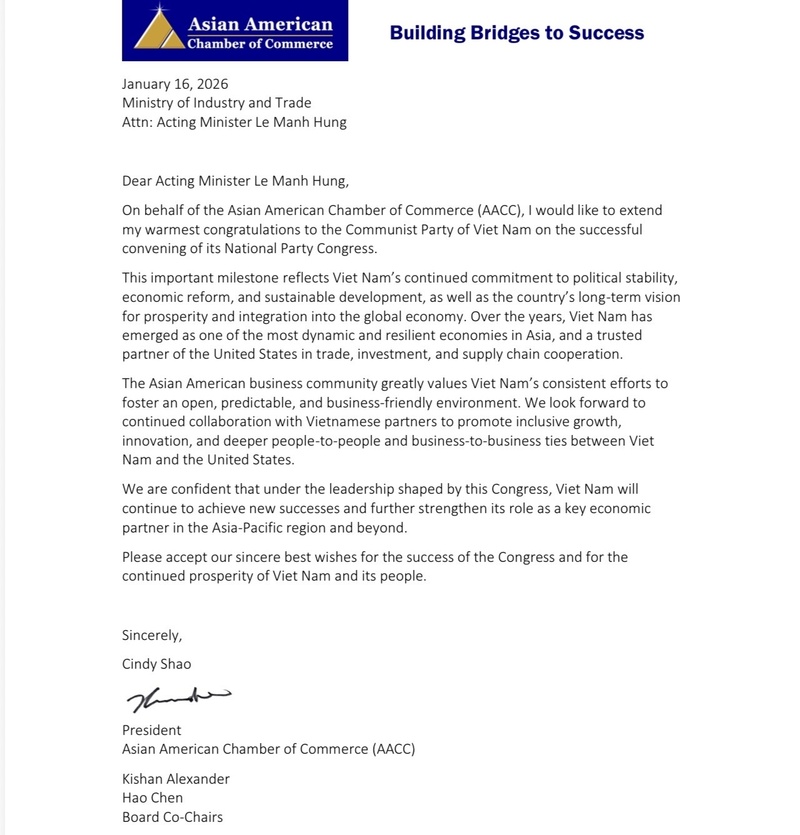 Nội dung thư gửi Bộ Công Thương Việt Nam của bà Cindy Shao - Chủ tịch Phòng Thương mại châu Á - Hoa Kỳ (AACC)