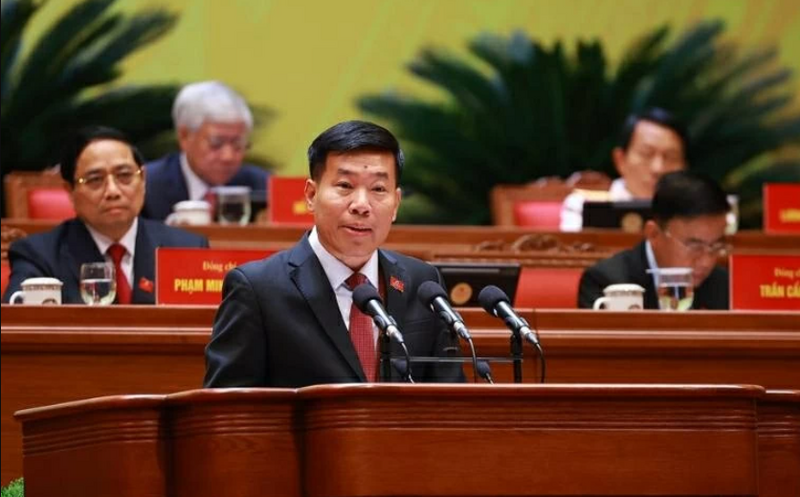 Đồng chí Nguyễn Mạnh Cường, Ủy viên Trung ương Đảng, Phó Bí thư Thường trực Đảng ủy, Thứ trưởng Bộ Ngoại giao trình bày tham luận tại Đại hội XIV trong sáng 21/1. Ảnh: TTXVN