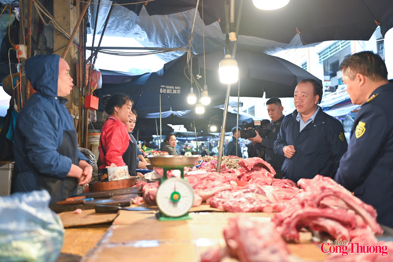 Đoàn kiểm tra quầy thịt tươi, hàng tươi sống tại chợ Hà Đông.