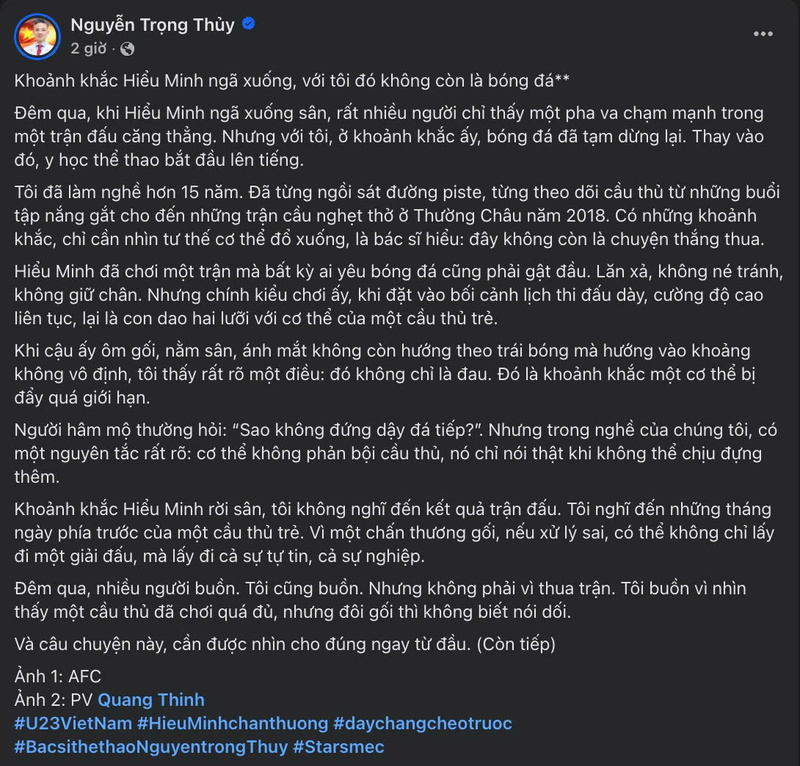 Chia sẻ của ông Nguyễn Trọng Thủy, cựu bác sĩ đội tuyển Việt Nam. Ảnh: chụp màn hình
