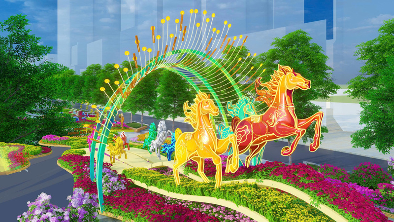 Đại cảnh kết "Giang sơn cẩm tú" quy tụ chín ngựa phi nước đại, trong đó ba ngựa chính biểu trưng cho TP. Hồ Chí Minh, Bà Rịa - Vũng Tàu và Bình Dương, thể hiện sự liên kết, vững chãi và phát triển bền vững của siêu đô thị mới.