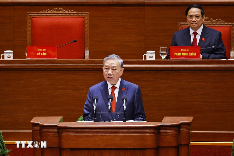 Tổng Bí thư Tô Lâm thay mặt BCH Trung ương Đảng khóa XIV phát biểu ý kiến. Ảnh: TTXVN