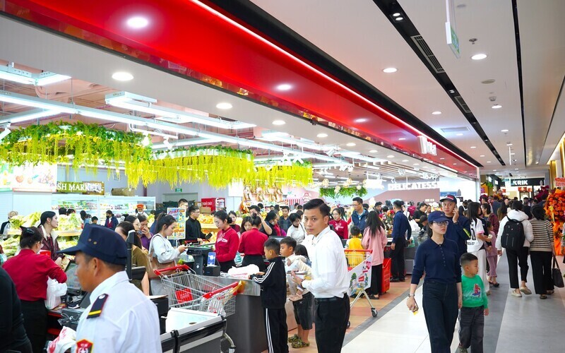 Tại các trung tâm thương mại, siêu thị rất đông người dân đã đi mua sắm đồ Tết trong những ngày nghỉ cuối tuần. Ảnh: Mai Liễu