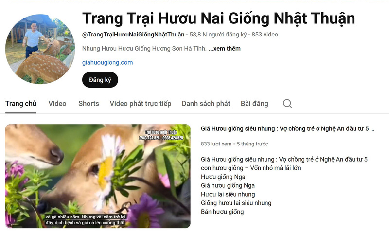 Anh Thuận tích cực xây dựng kênh trên các nền tảng online để quảng bá về quy trình chăn nuôi hươu, cách khai thác nhung và công dụng của sản phẩm. Ảnh: Youtube