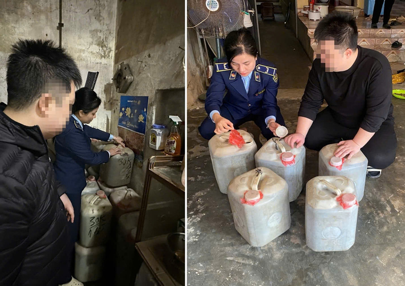 Lực lượng quản lý thị trường Tuyên Quang xử lý hộ kinh doanh nước mắm không rõ nguồn gốc xuất xứ. Ảnh: Sở Công Thương Tuyên Quang