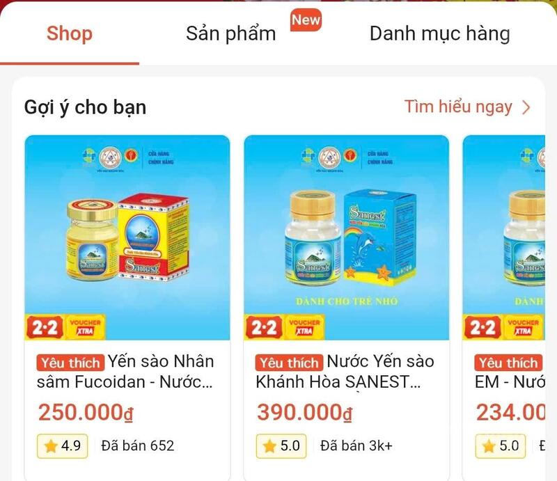 Các sản phẩm yến sào của Công ty TNHH Yến sào Khánh Hòa trên sàn thương mại điện tử.