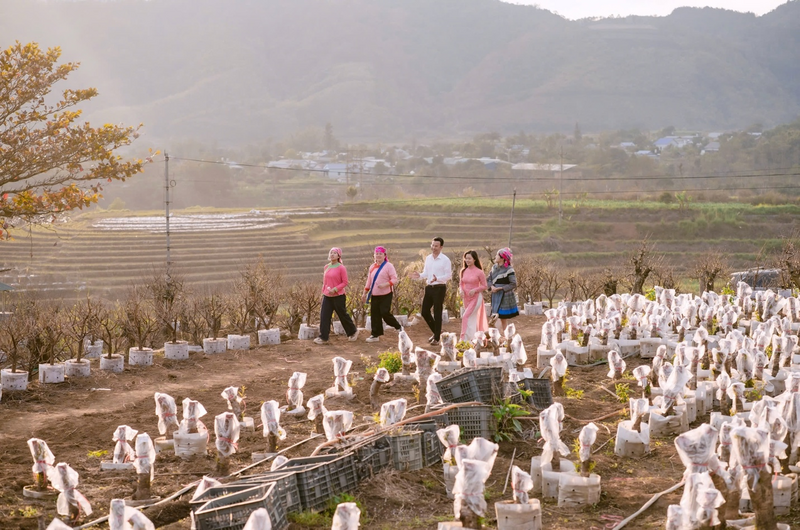 Ông Nguyễn Bá Kiện (áo trắng) tích cực cùng bà con xây dựng kênh quảng bá văn hoá và sản vật địa phương "Bình Lư Vươn Mình" trên TikTok.