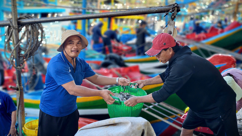 Các thương lái đến tận bến tàu để thu mua cá. Ảnh: Nguyễn Dương