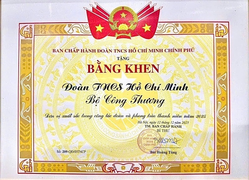 Bằng khen của Đoàn Thanh niên Chính phủ dành cho Đoàn Thanh niên Bộ Công Thương vì có thành tích xuất sắc trong công tác đoàn và phong trào thanh niên năm 2025