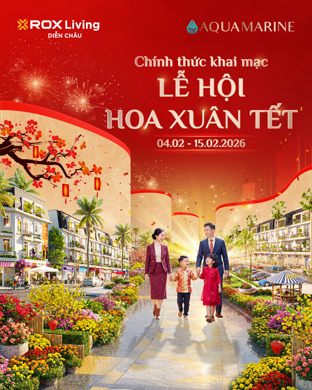 Không gian Hội hoa Xuân Bính Ngọ 2026 ngập tràn sắc màu tại dự án ROX Living Diễn Châu. Ảnh minh hoạ