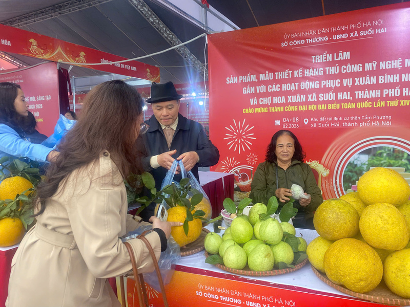 Triển lãm các sản phẩm, mẫu thiết kế hàng thủ công mỹ nghệ mới, sáng tạo gắn với các hoạt động phục vụ Tết tại xã Suối Hai. Ảnh: Thùy Linh